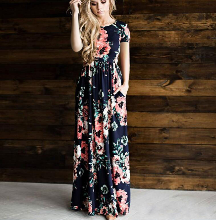 SZ60130-2  Summer Floral Print Long Dresses Maxi Waist High Tunic Pocket Dress